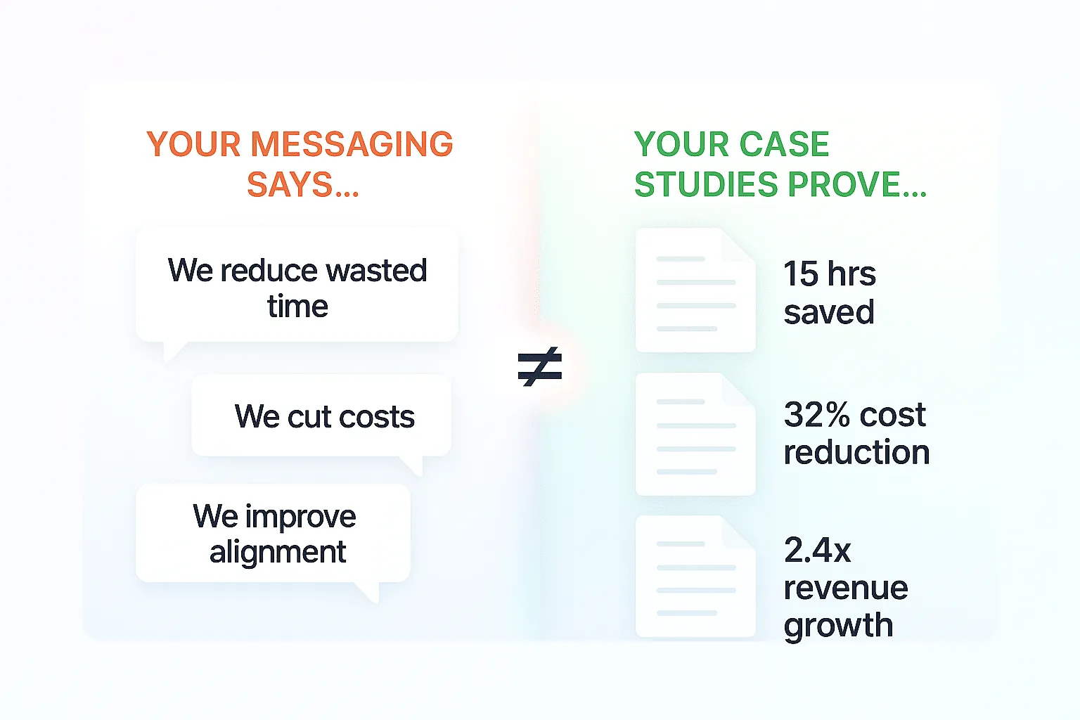 Two lists of messaging and case studies showing they don't connect.