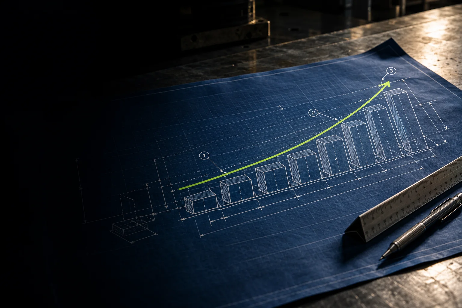 Blueprint sheet on a steel drafting table, a rising bar chart drawn on it and the growth curve traced in lime