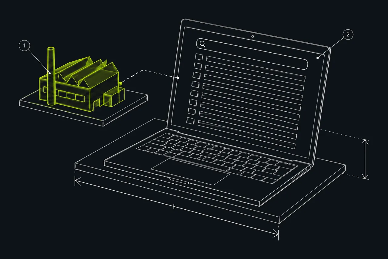 Line drawing of a plant next to a laptop listing AI search results