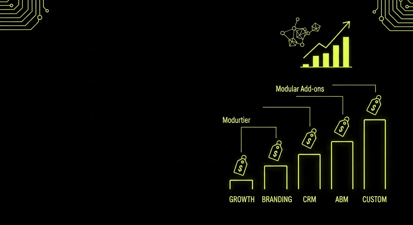 Pricing tier illustration on a dark background showing five ascending columns labeled Growth, Branding, CRM, ABM, and Custom with price tag icons, a modular add-ons connector, and a bar chart with upward arrow in yellow-green.